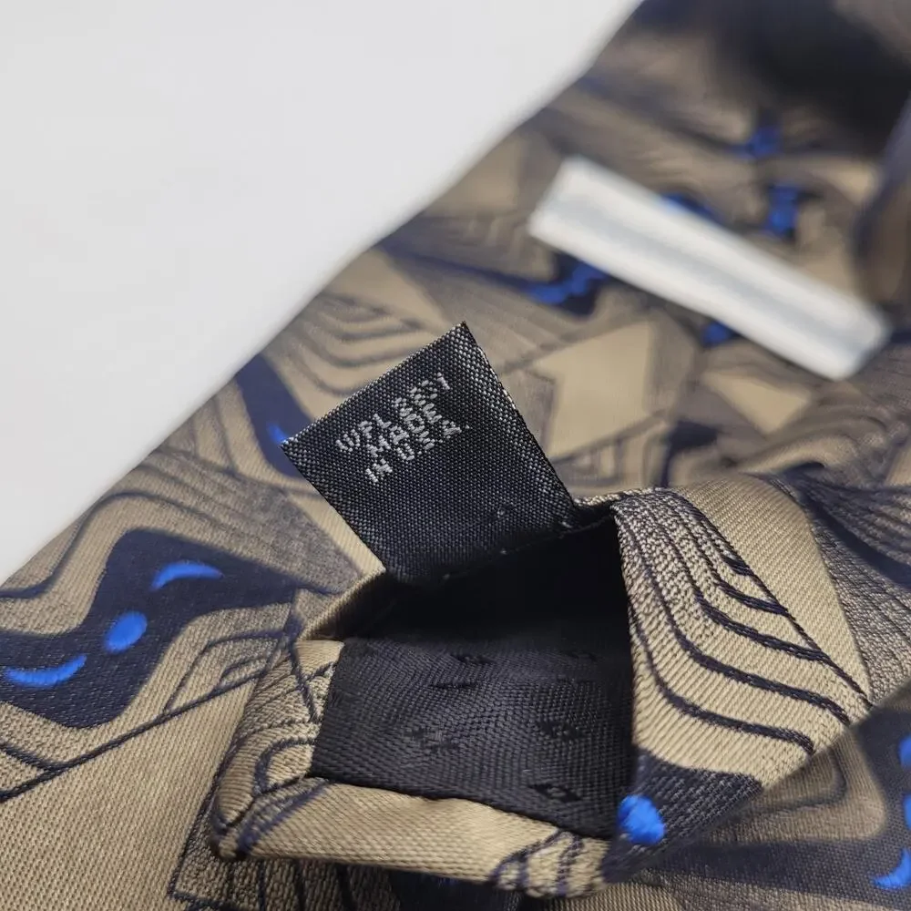 Vintage Courreges‎ Homme Tie Beige Blue Geometric Silk Designer Necktie Abstract